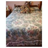 MCM queen bed frame, mattresses, quilt, bed