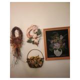2 wreaths, floral basket and velvet floral
