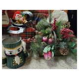 Plaid bag of Christmas items, Wicker nutcracker &
