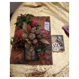 Floral plaque and box of misc pins