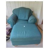 Green Rowe armchair w/geometric design, ottoman