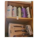 2 shelf lot shampoo, conditioner & curling irons