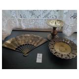 2 brass candle stick holders and fan