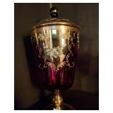Vintage ruby red lidded pedestal jar w/gold