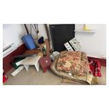 Lot of Stools, Chair Cushions, Waste Bin and More