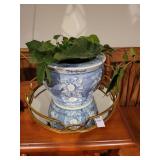 Serving tray mirrored and faux plant
