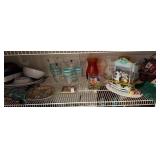 Shelf lot of party platters, cups, vases, etc