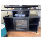 Wooden black tv stand with fireplace and shelving