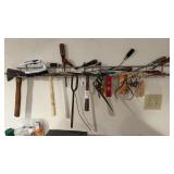 Tools on shelf, Hatchet, Screwdrivers, etc.