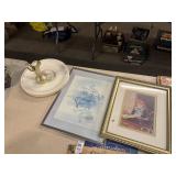 Framed artwork, plates and mini pitcher