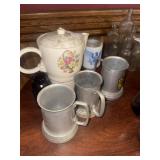 Vintage pewter cups, floral pitcher and misc