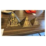 3 pyramid paperweights and brass bowl