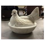 Vintage milk glass hen on a nest 7in