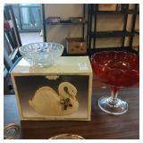 Cranberry glass pedestal bowl, swan, misc lot