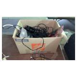 Box of assorted audio equipment accessories and