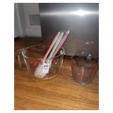 Pyrex mixing bowl, Anchor Hocking measuring cup &