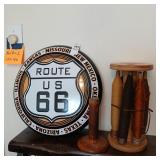 Route 66 metal sign and antique thread spool lot
