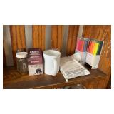Shelf lot of assorted crafting materials, salt
