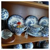 Shelf lot of crystal, Johnson Bros. china, art