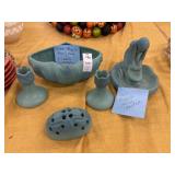 Vintage turquoise Van Briggle pottery bowl, frog,