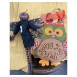 Primitive style pumpkin doll and fall owl hanging