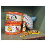 Lot of 5 vintage tin kids toy drums, noise