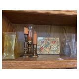 Metal candlesticks, glass vases and others