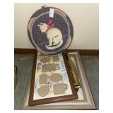 Hand made embroidered cat & lit of photo frames