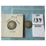 1906 & 1908 Barber Silver Dimes