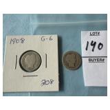 1908 & 1913 Barber Silver Dimes