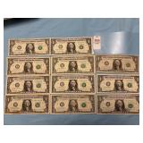 Nine U.S. one-dollar Federal Reserve star notes
