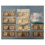 Ten $1 U.S. Silver Certificate with a blue