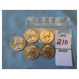 Five 1952 United States Washington silver
