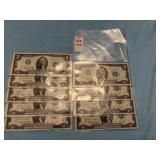 Nine consecutive serial numbered U. S. two-dollar