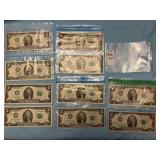 Ten U. S. two-dollar Federal Reserve Note