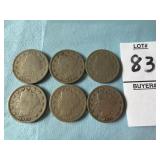 Six U.S. Liberty Head 'V' Nickels