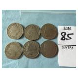 Six U.S. Liberty Head 'V' Nickels