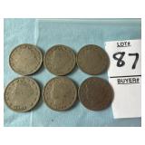 Six U.S. Liberty Head 'V' Nickels