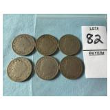 Six U.S. Liberty Head 'V' Nickels