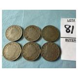 Six U.S. Liberty Head 'V' Nickels