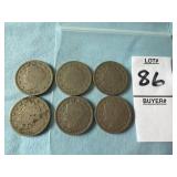 Six U.S. Liberty Head 'V' Nickels