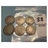 Six U.S. Liberty Head 'V' Nickels