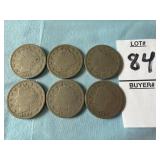 Six U.S. Liberty Head 'V' Nickels