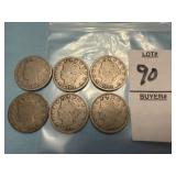 Six U.S. Liberty Head 'V' Nickels
