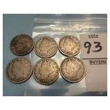 Six U.S. Liberty Head 'V' Nickels