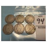 Six U.S. Liberty Head 'V' Nickels