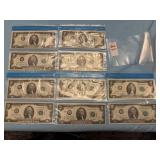 Ten U. S. two-dollar Federal Reserve Note