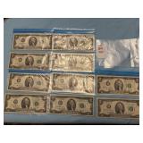 Ten U. S. two-dollar Federal Reserve Note