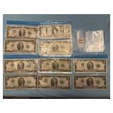 Ten U. S. two-dollar Federal Reserve Note