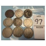 Nine U.S. Liberty Head 'V' Nickels